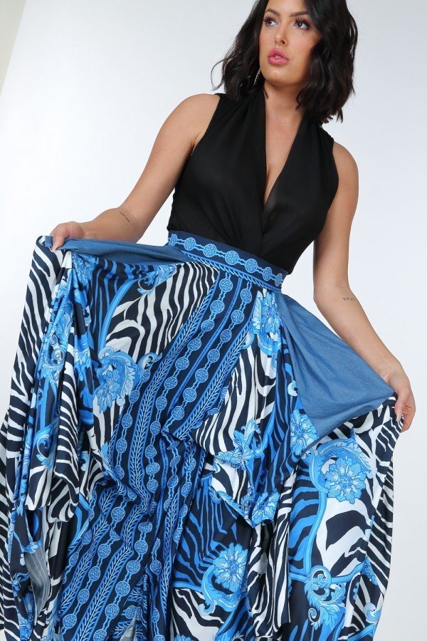 Animal Chain Print Denim Tacked Maxi Skirt In Black Gold-Product Type | Naughty Smile Fashion