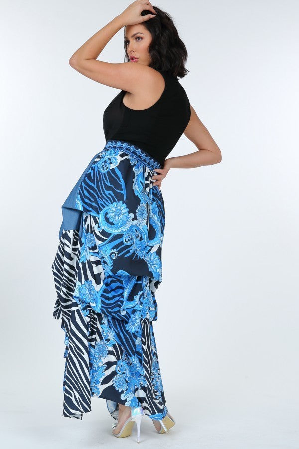 Animal Chain Print Denim Tacked Maxi Skirt In Black Gold-Product Type | Naughty Smile Fashion