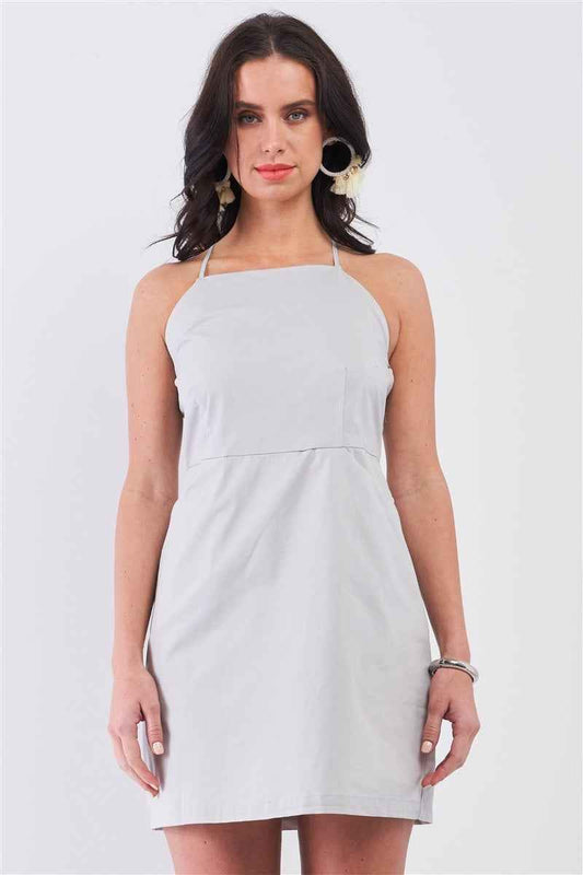 Sale - Light Grey Cotton Sleeveless Back Criss Cross Straps Square Neck Side Pockets Apron Mini Dress – On Sale Now