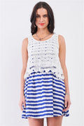 White & Navy Horizontal Striped Round Neck Sleeveless Floral Embroidery Layered Top Mini Dress-Product Type | Naughty Smile Fashion