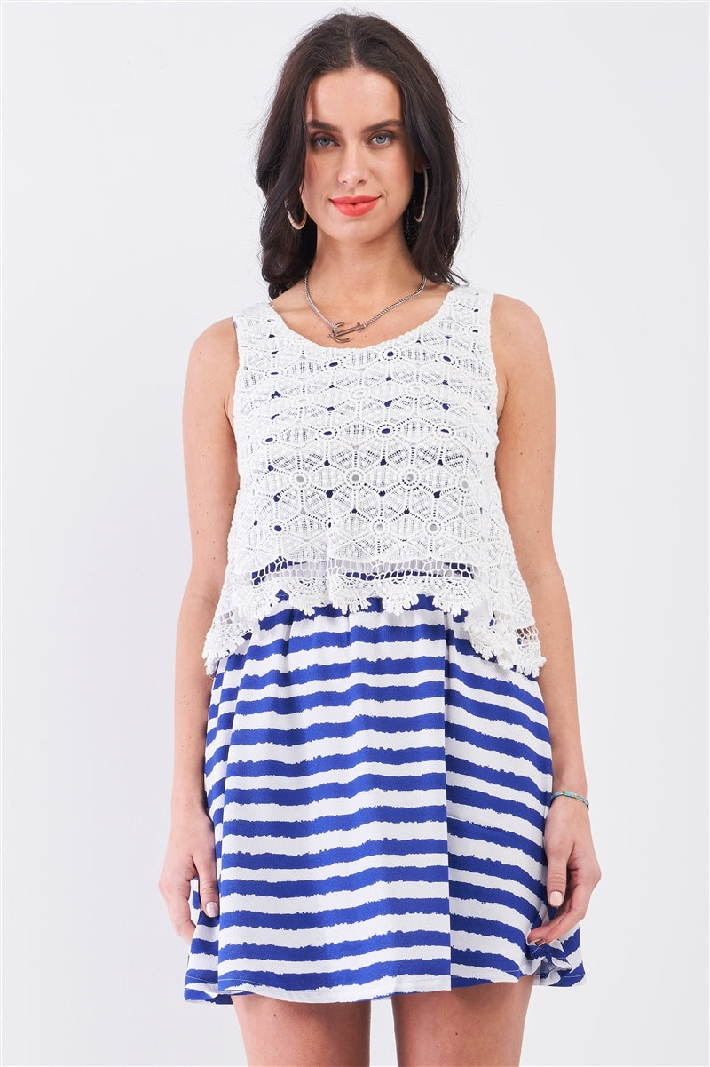 White & Navy Horizontal Striped Round Neck Sleeveless Floral Embroidery Layered Top Mini Dress-Product Type | Naughty Smile Fashion