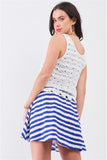 White & Navy Horizontal Striped Round Neck Sleeveless Floral Embroidery Layered