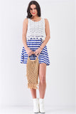 White & Navy Horizontal Striped Round Neck Sleeveless Floral Embroidery Layered