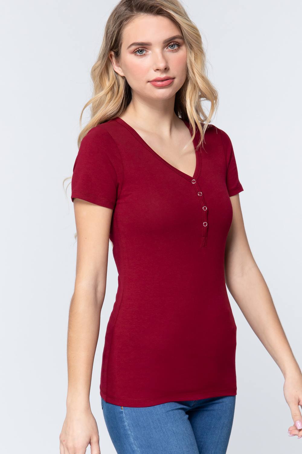 Short Slv V-neck Henley Knit Top-Product Type | Naughty Smile Fashion
