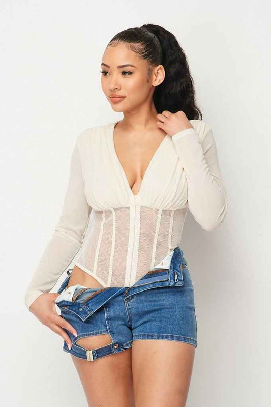 Sale - Fishnet Sheer Mesh Back Deep V Neck Bodysuit – On Sale Now
