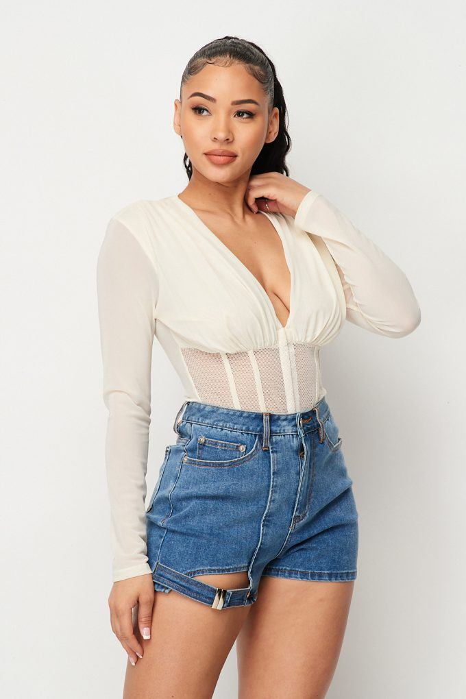 Fishnet Sheer Mesh Back Deep V Neck Bodysuit-Product Type | Naughty Smile Fashion