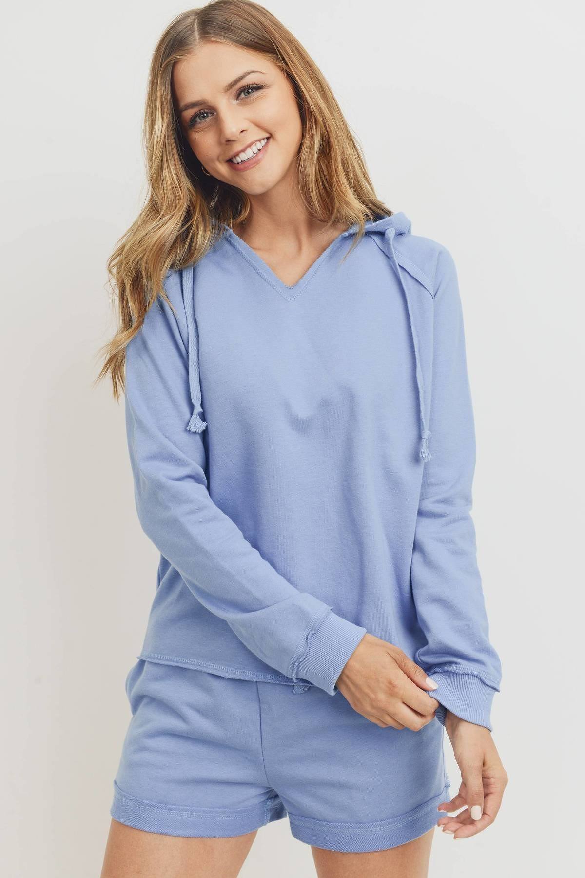 French Terry Hood With V-neck Long Sleeve Top-Product Type | Naughty Smile Fashion