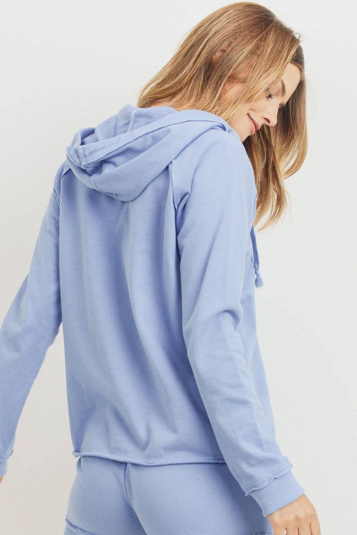 French Terry Hood With V-neck Long Sleeve Top-Product Type | Naughty Smile Fashion