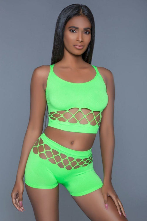 2 pc silk fishnet set that includes a tank crop top with criss-cross cami straps and a pair of high waisted booty shorts.-Product Type | Naughty Smile Fashion