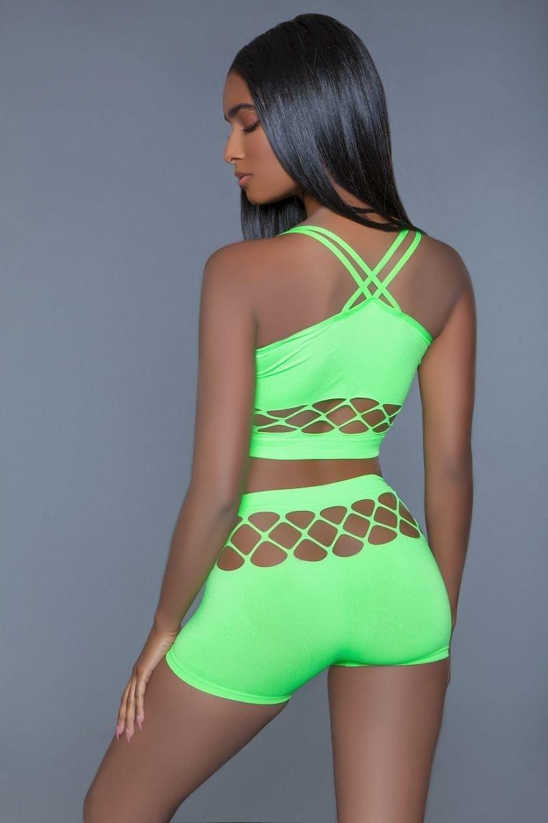2 pc silk fishnet set that includes a tank crop top with criss-cross cami straps and a pair of high waisted booty shorts.-Product Type | Naughty Smile Fashion