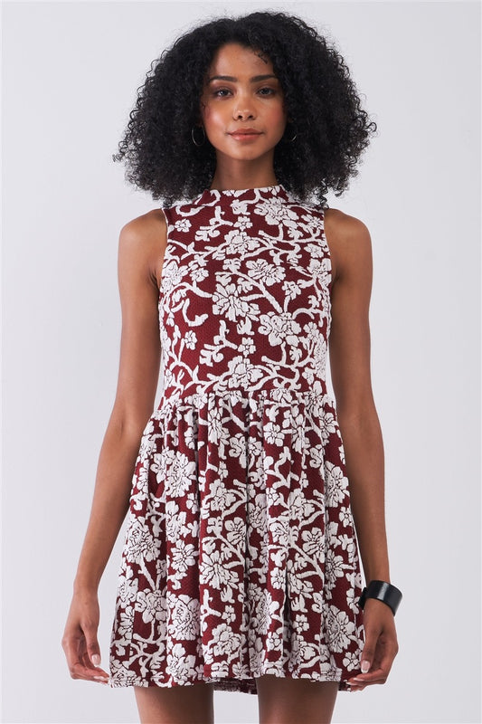 Sale - Burgundy & White Floral Crew Neck Sleeveless Fitted Mini Dress – On Sale Now