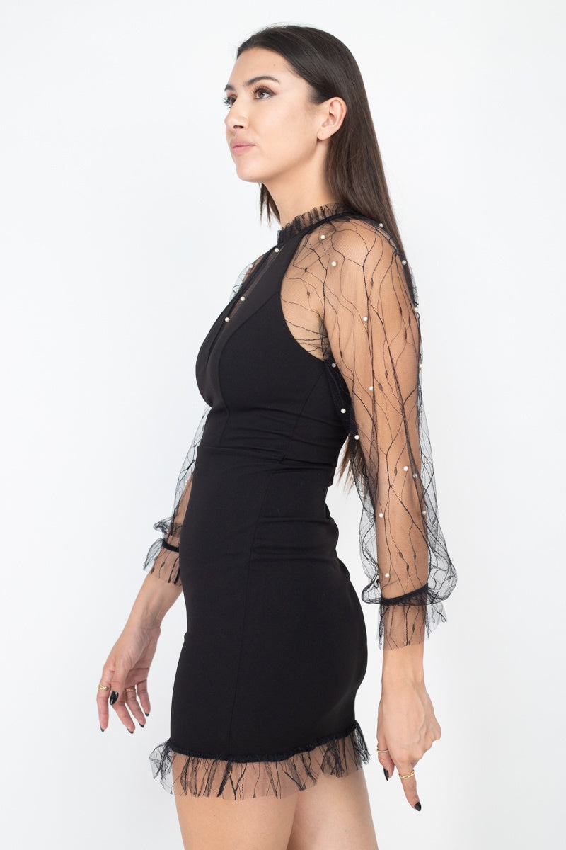 Pearl Trim Mesh Bodycon Dress-Product Type | Naughty Smile Fashion