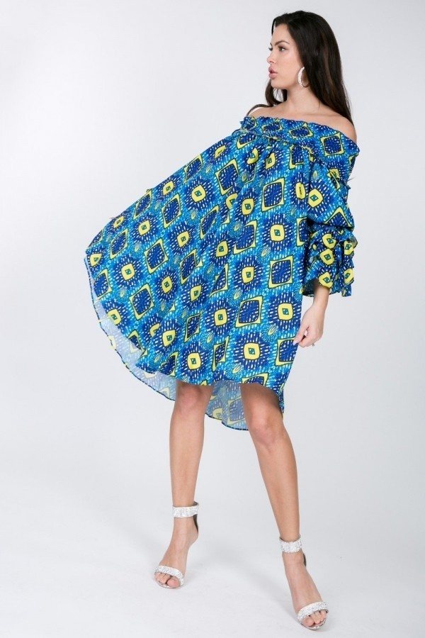 Puffy Ruffle Sleeve Smocking Off Shoulder Print Midi Dress-Product Type | Naughty Smile Fashion