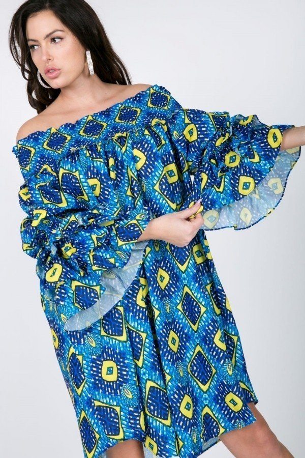 Puffy Ruffle Sleeve Smocking Off Shoulder Print Midi Dress-Product Type | Naughty Smile Fashion