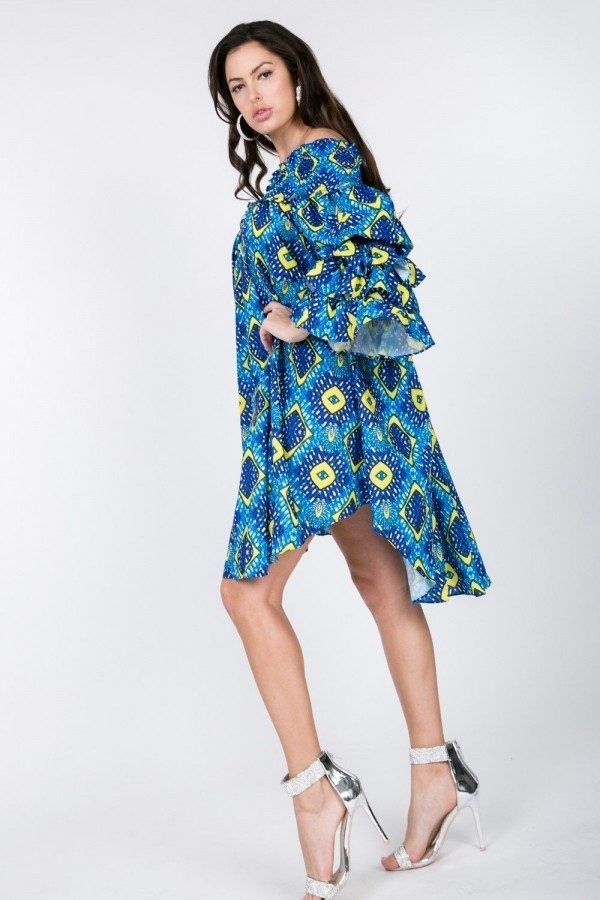 Puffy Ruffle Sleeve Smocking Off Shoulder Print Midi Dress-Product Type | Naughty Smile Fashion