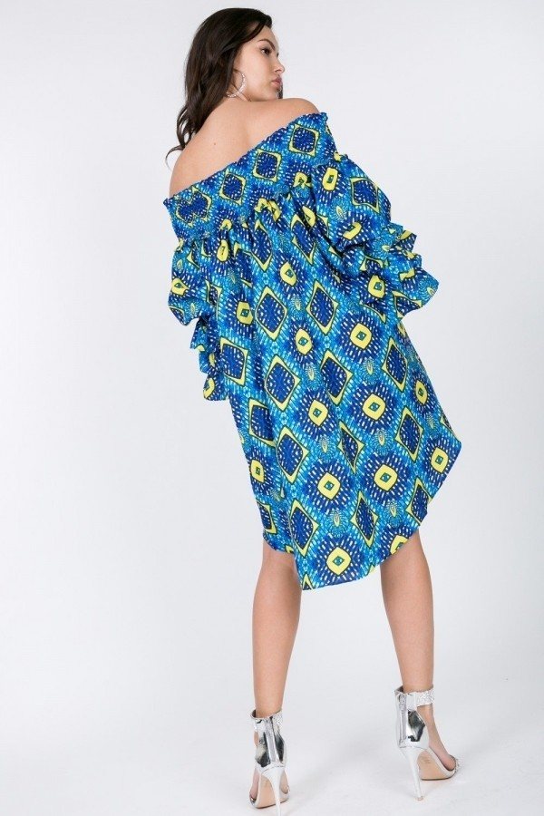 Puffy Ruffle Sleeve Smocking Off Shoulder Print Midi Dress-Product Type | Naughty Smile Fashion