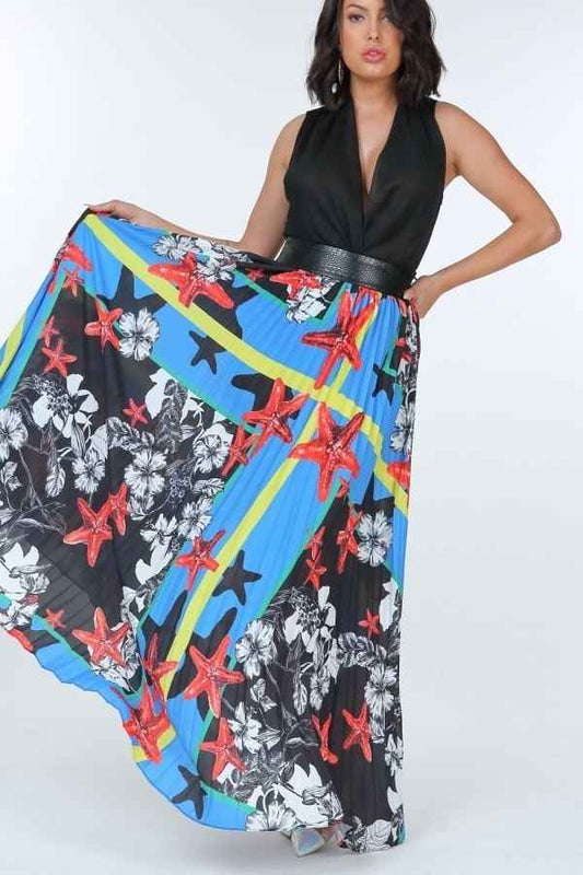 Sale - Pleated Print Maxi Skirt With Leather Waist Band – On Sale Now