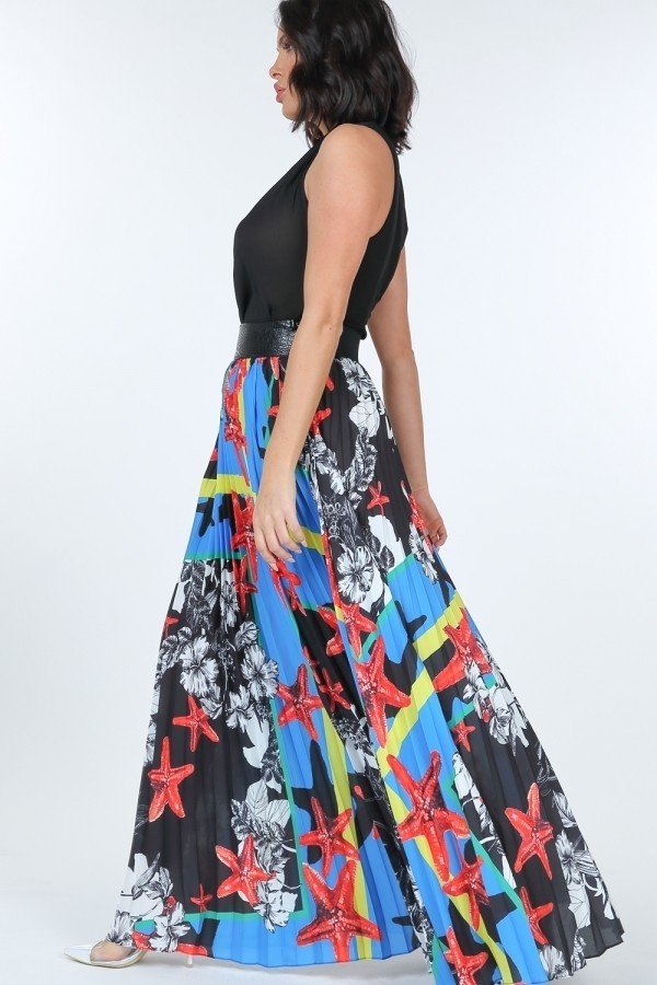 Pleated Print Maxi Skirt With Leather Waist Band-Product Type | Naughty Smile Fashion