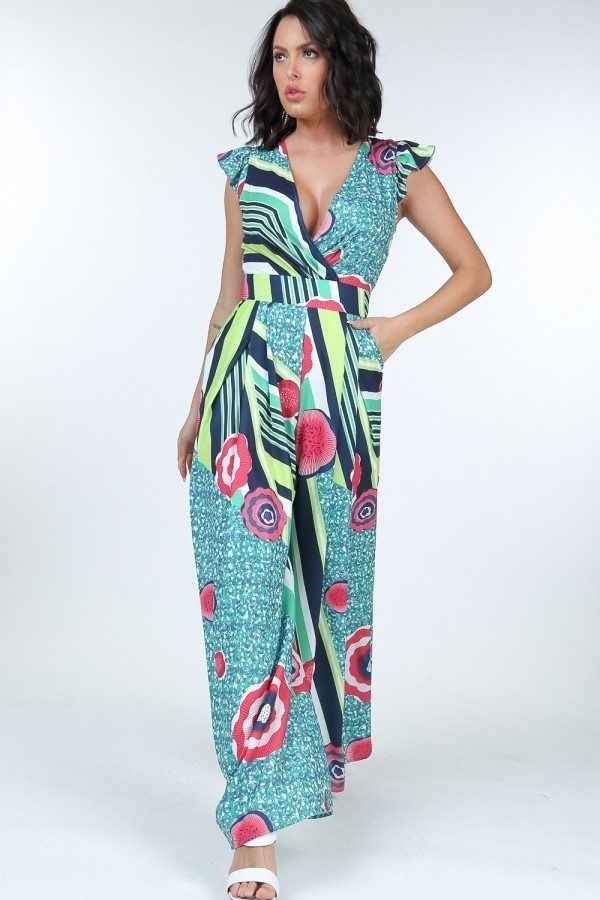 Ruffle Sleeve Surplice Jumpsuit – multicolor, fashion, women style