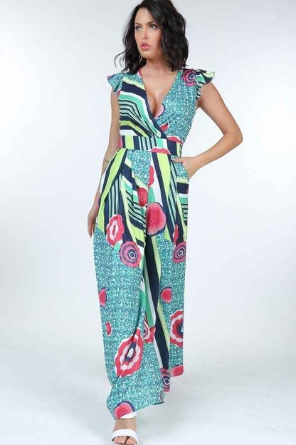 Ruffle Sleeve Surplice Jumpsuit – multicolor, fashion, women style