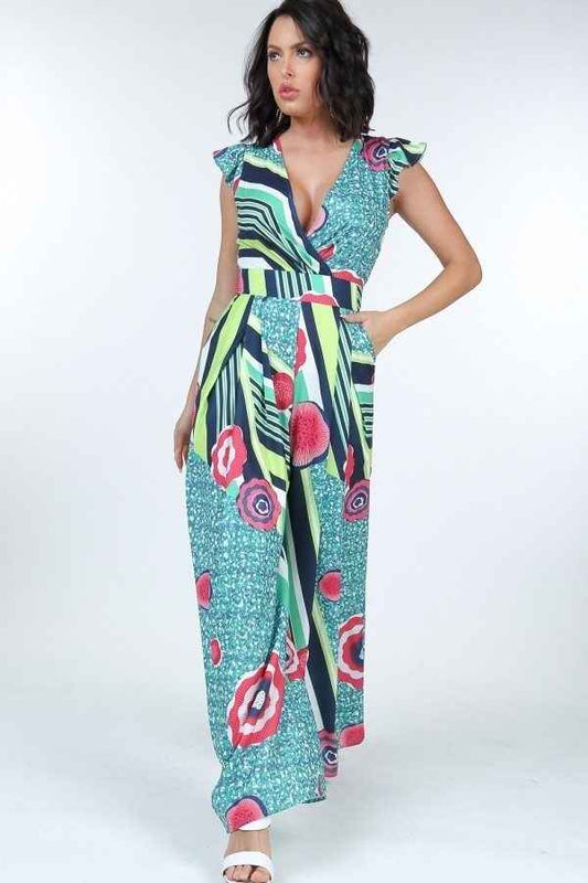 Ruffle Sleeve Surplice Jumpsuit – multicolor, fashion, women style