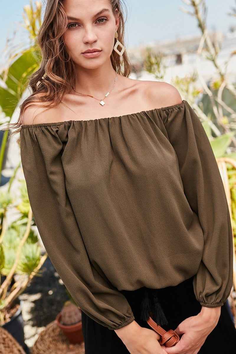 Sale - Off Shoulder Long Bubble Sleeve Solid Top – On Sale Now