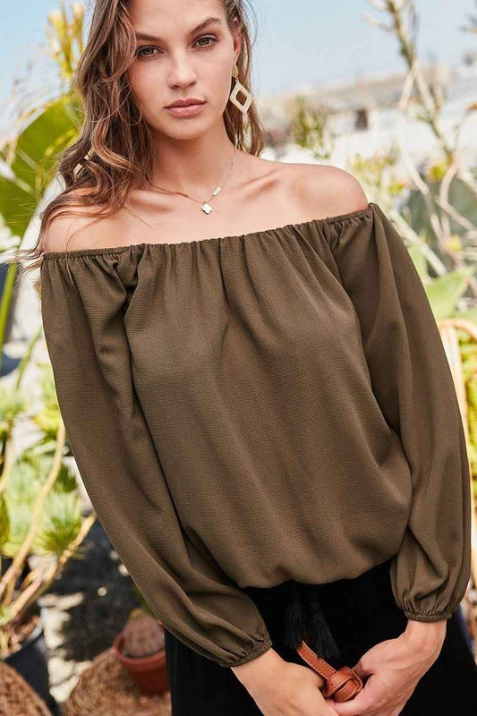 Sale - Off Shoulder Long Bubble Sleeve Solid Top – On Sale Now