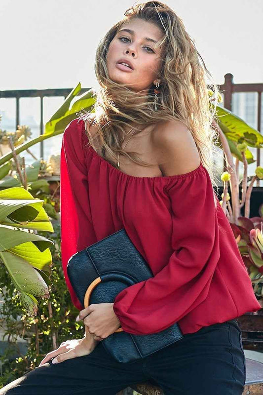 Sale - Off Shoulder Long Bubble Sleeve Solid Top – On Sale Now