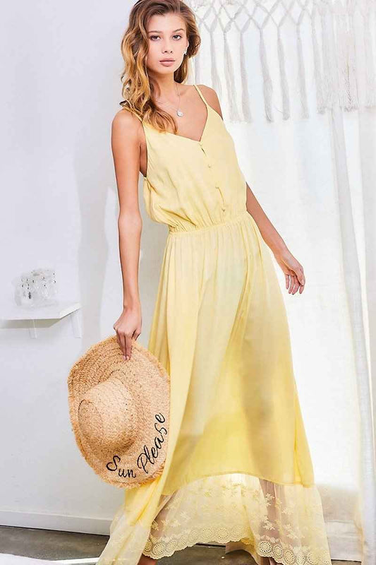 Sale - Adjustable Shoulder Strap Button Down Waist Elastic Bottom Contrast Lace Maxi Dress – On Sale Now