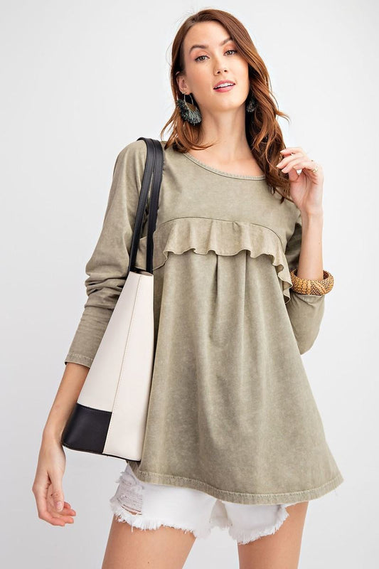 Sale - Long Sleeve Ruffled Detailing Oil Washed Knit Tunic – On Sale Now