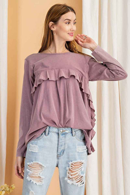 Sale - Long Sleeve Ruffled Detailing Oil Washed Knit Tunic – On Sale Now
