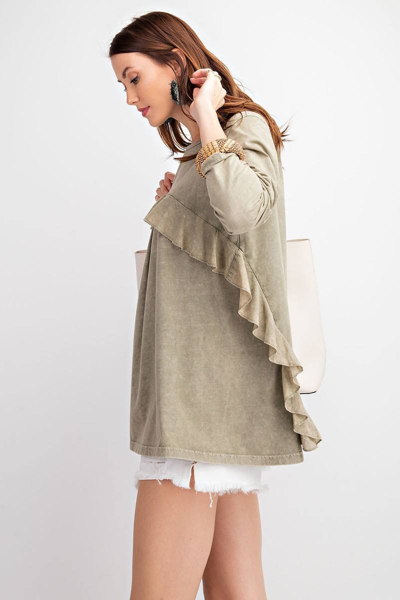 Long Sleeve Ruffled Detailing Oil Washed Knit Tunic-Product Type | Naughty Smile Fashion