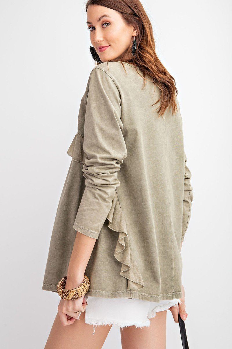 Long Sleeve Ruffled Detailing Oil Washed Knit Tunic-Product Type | Naughty Smile Fashion