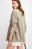 Long Sleeve Ruffled Detailing Oil Washed Knit Tunic