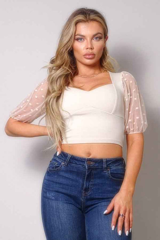 Sale - Polka Dot Mesh Puff Sleeve Contrast Fashion Top – On Sale Now