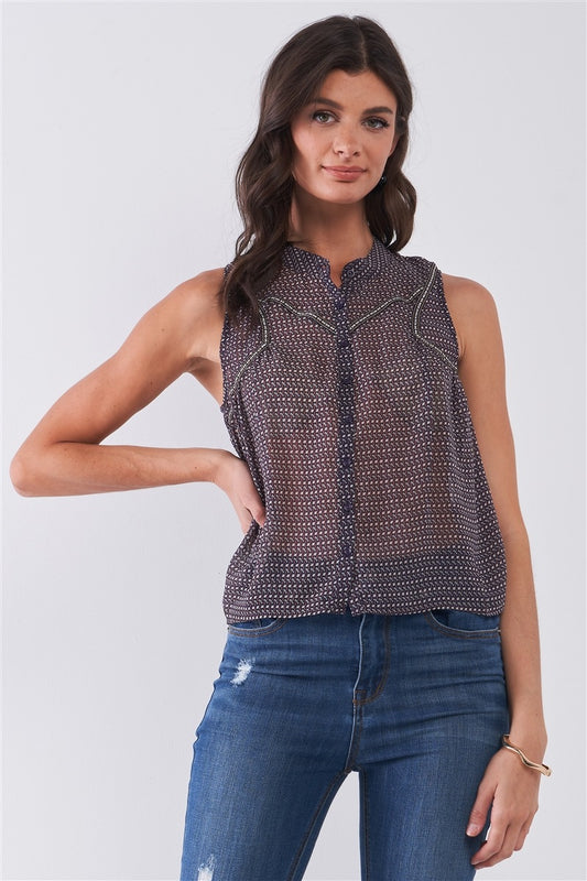 Sale - Purple & Multi Sleeveless Mock Neck Front Button Down Sheer Blouse Top – On Sale Now