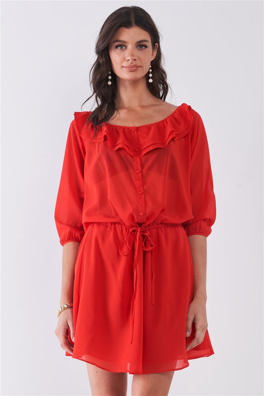 Sale - Flame Red Boat Neck Ruffle Collar Midi Sleeve Self-tie Waist Front Button Down Mini Dress – On Sale Now
