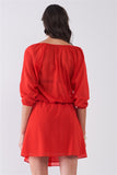 Flame Red Boat Neck Ruffle Collar Midi Sleeve Self-tie Waist Front Button Down