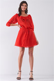 Flame Red Boat Neck Ruffle Collar Midi Sleeve Self-tie Waist Front Button Down