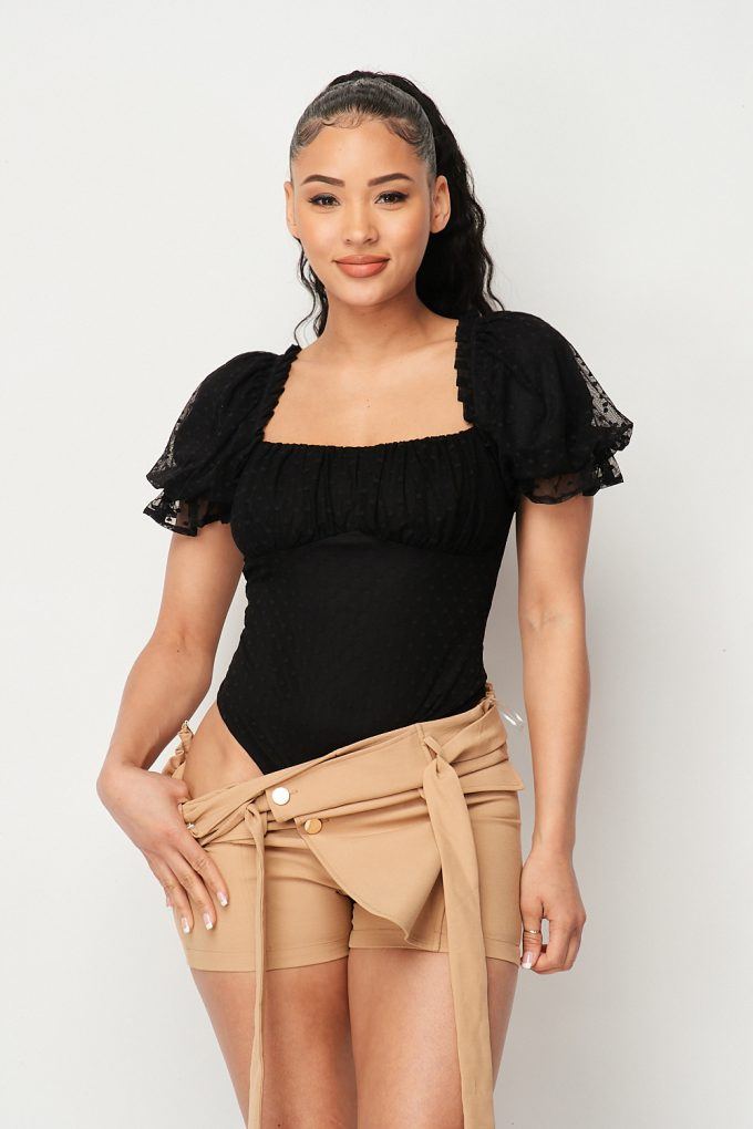 Luxe Polkadot Stretch Mesh Puff Sleeve Bodysuit-Product Type | Naughty Smile Fashion