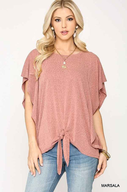 Sale - Leopard Jacquard Knit Jersey Top With Front Tie, Ruffled Sleeve – On Sale Now
