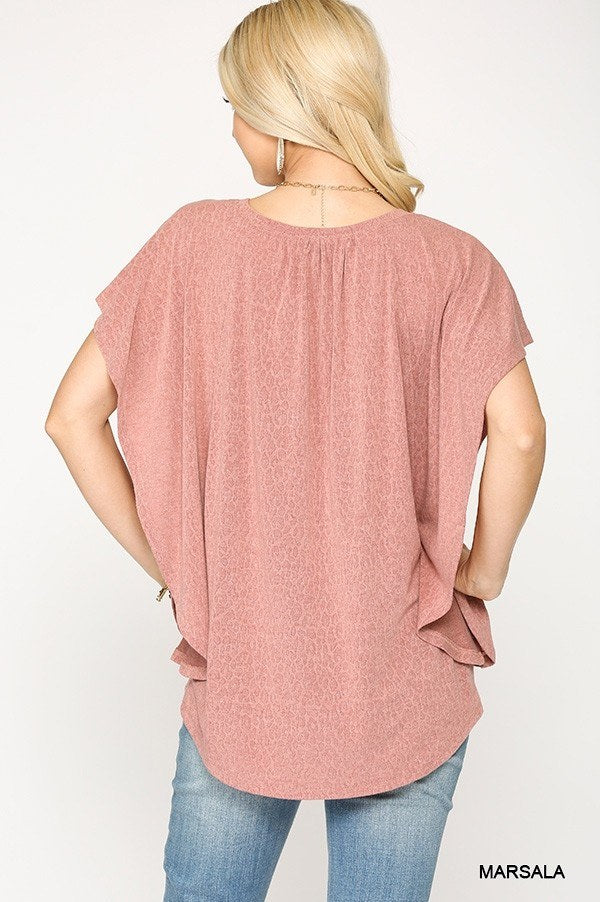 Leopard Jacquard Knit Jersey Top With Front Tie, Ruffled Sleeve-Product Type | Naughty Smile Fashion