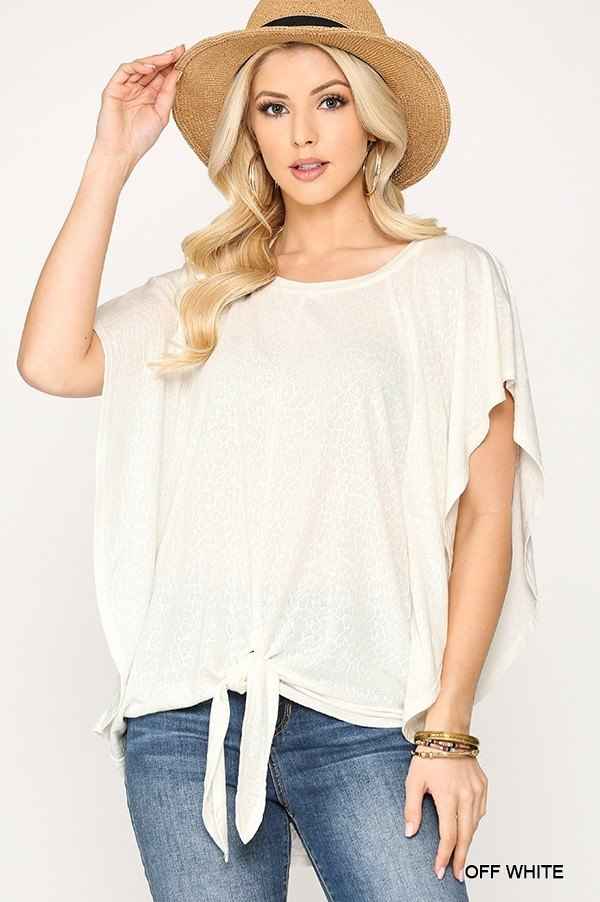 Sale - Leopard Jacquard Knit Jersey Top With Front Tie, Ruffled Sleeve – On Sale Now