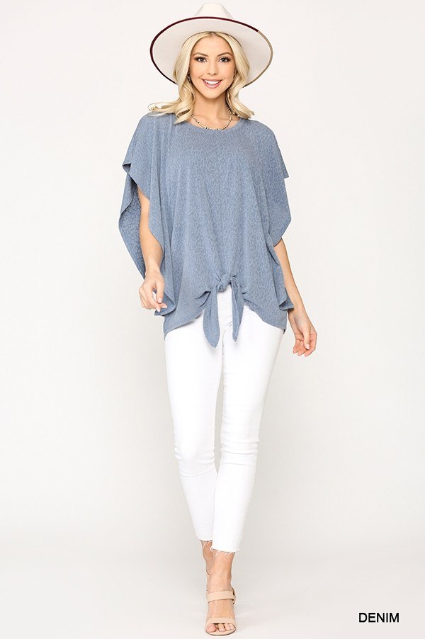 Leopard Jacquard Knit Jersey Top With Front Tie, Ruffled Sleeve-Product Type | Naughty Smile Fashion