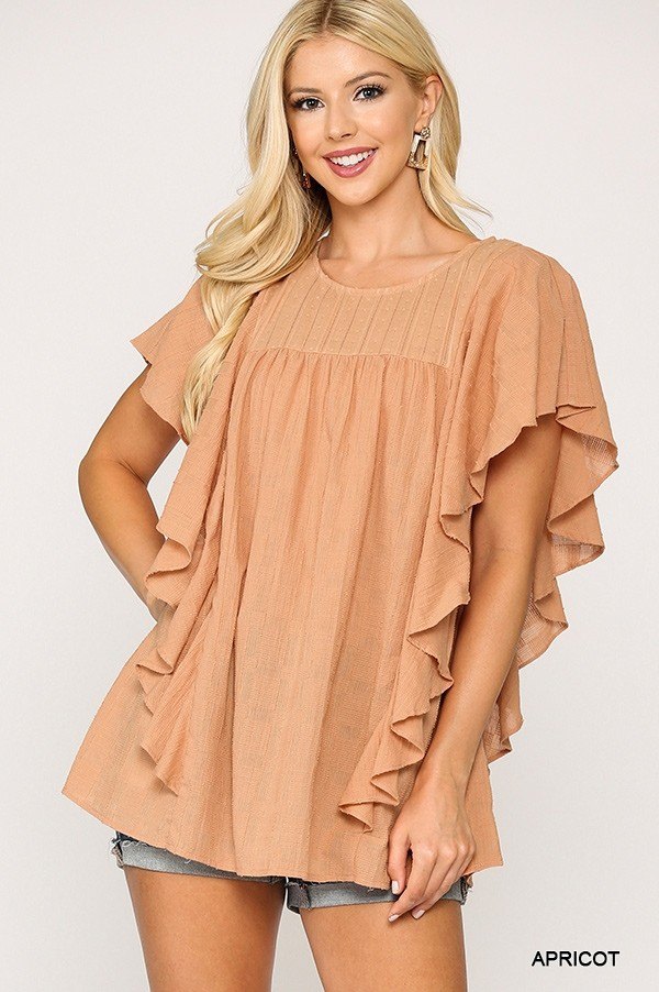 Textured Ruffle Sleeve Tunic Top With Back Keyhole-Product Type | Naughty Smile Fashion