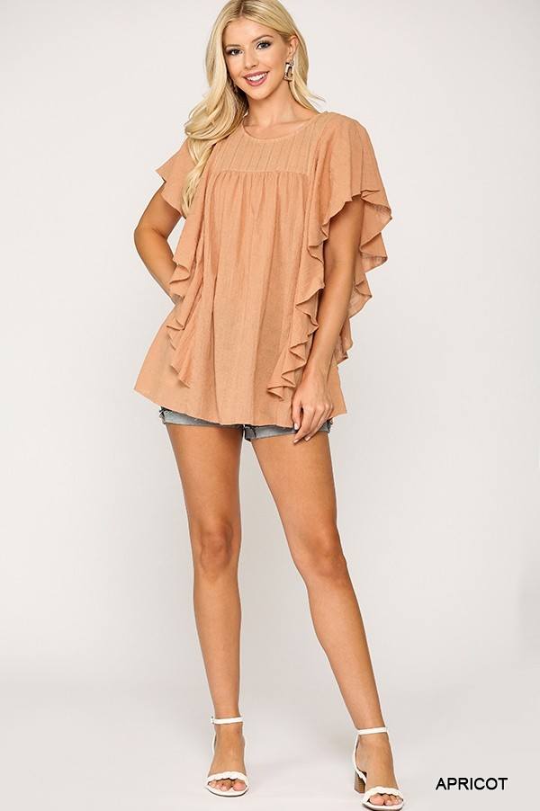Textured Ruffle Sleeve Tunic Top With Back Keyhole-Product Type | Naughty Smile Fashion