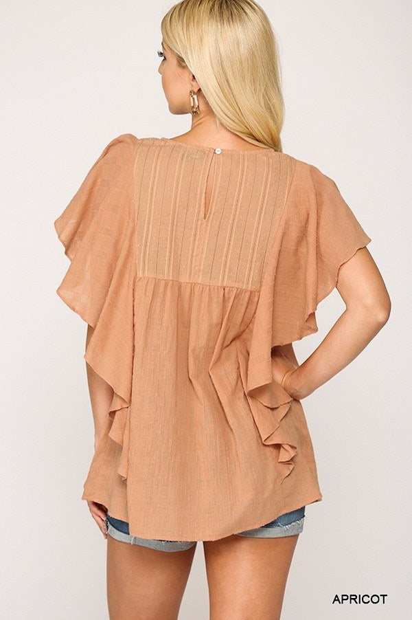Textured Ruffle Sleeve Tunic Top With Back Keyhole-Product Type | Naughty Smile Fashion