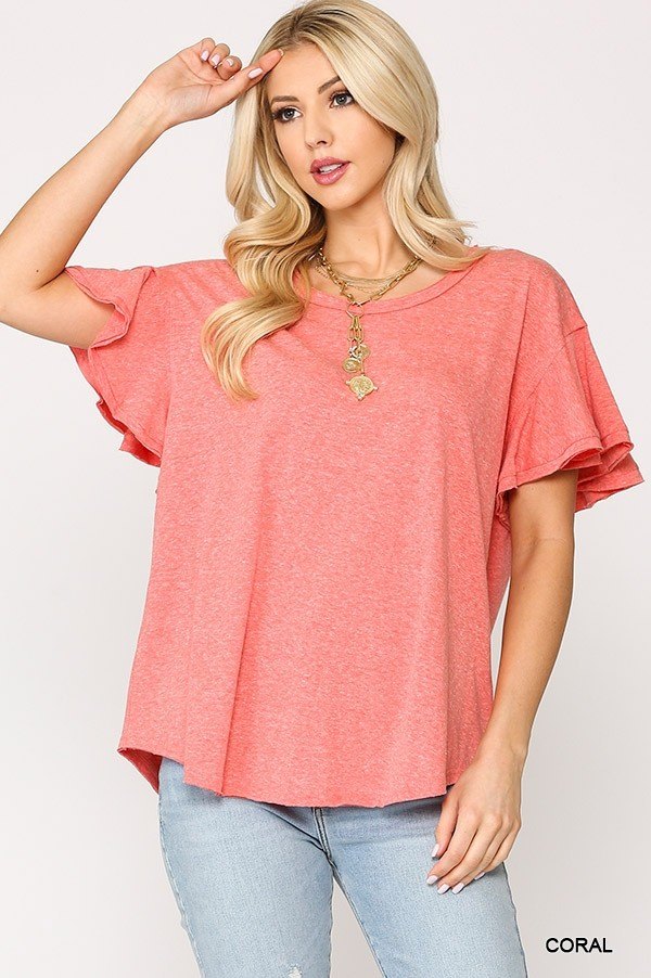 Solid Round Neck Frill Sleeve Top With Scoop Hem-Product Type | Naughty Smile Fashion