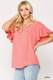 Blusa lisa con cuello redondo, mangas con volantes y dobladillo redondo