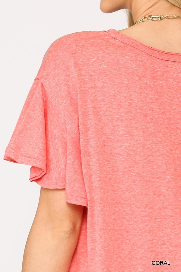 Solid Round Neck Frill Sleeve Top With Scoop Hem-Product Type | Naughty Smile Fashion